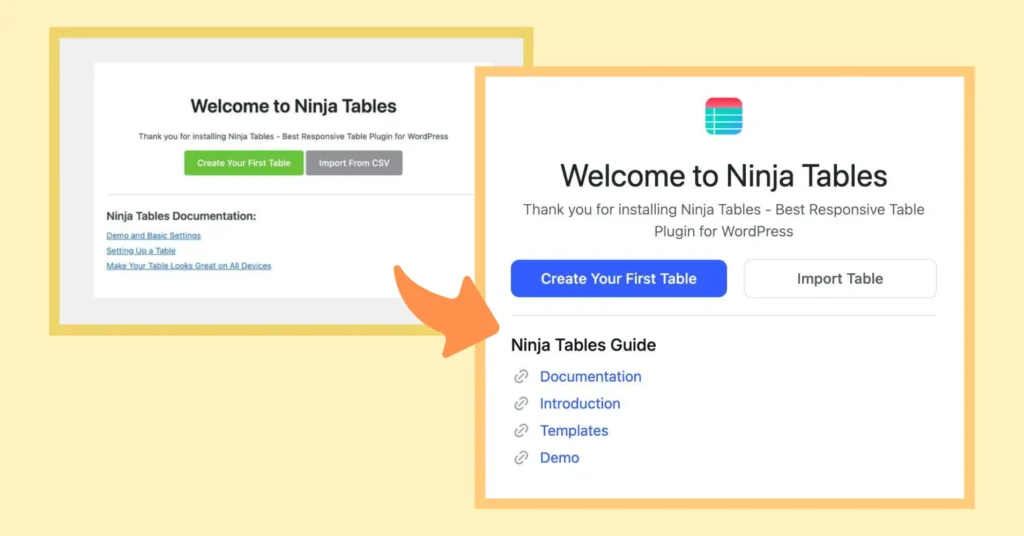 Ninja Tables onboarding before and after